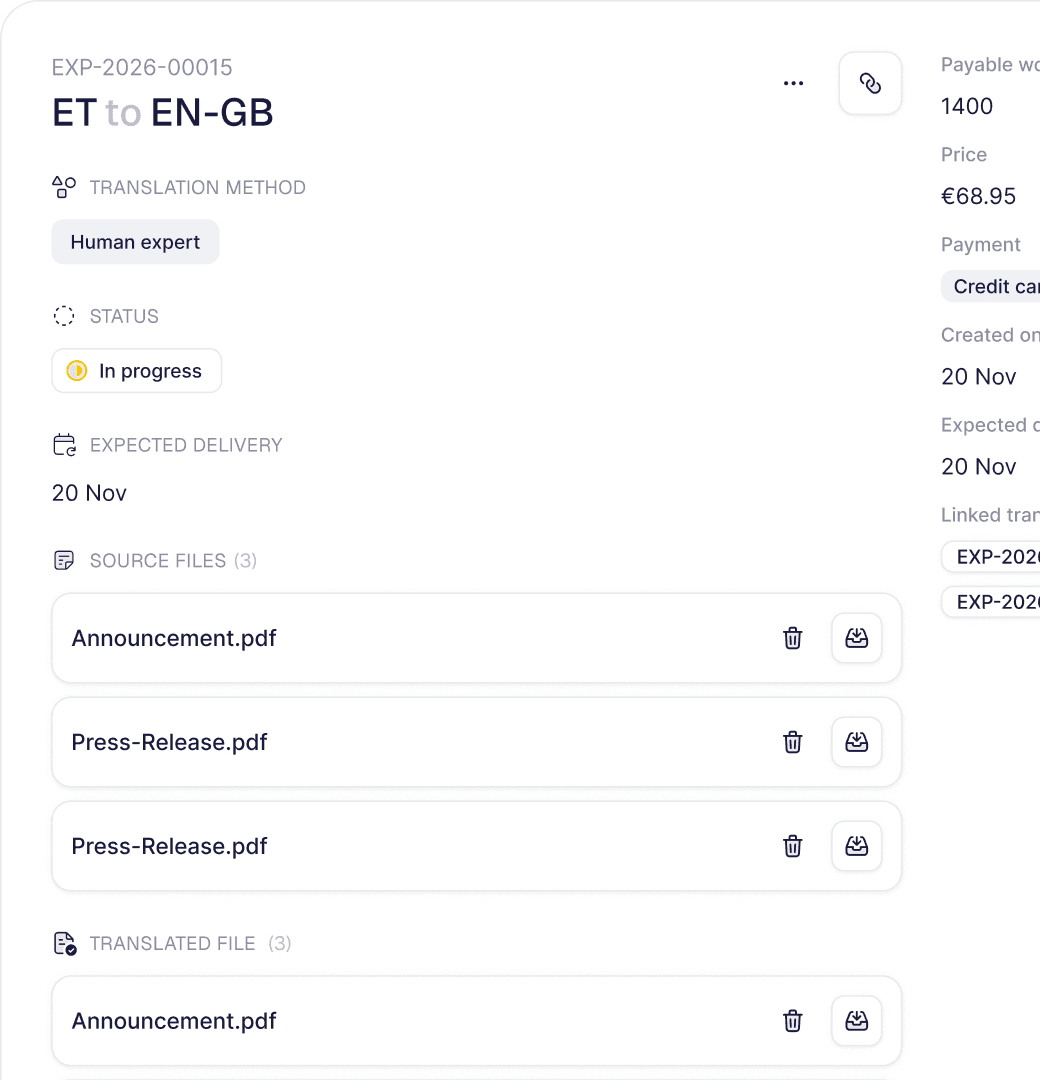 An order in Lingwise with its status, delivery date and files